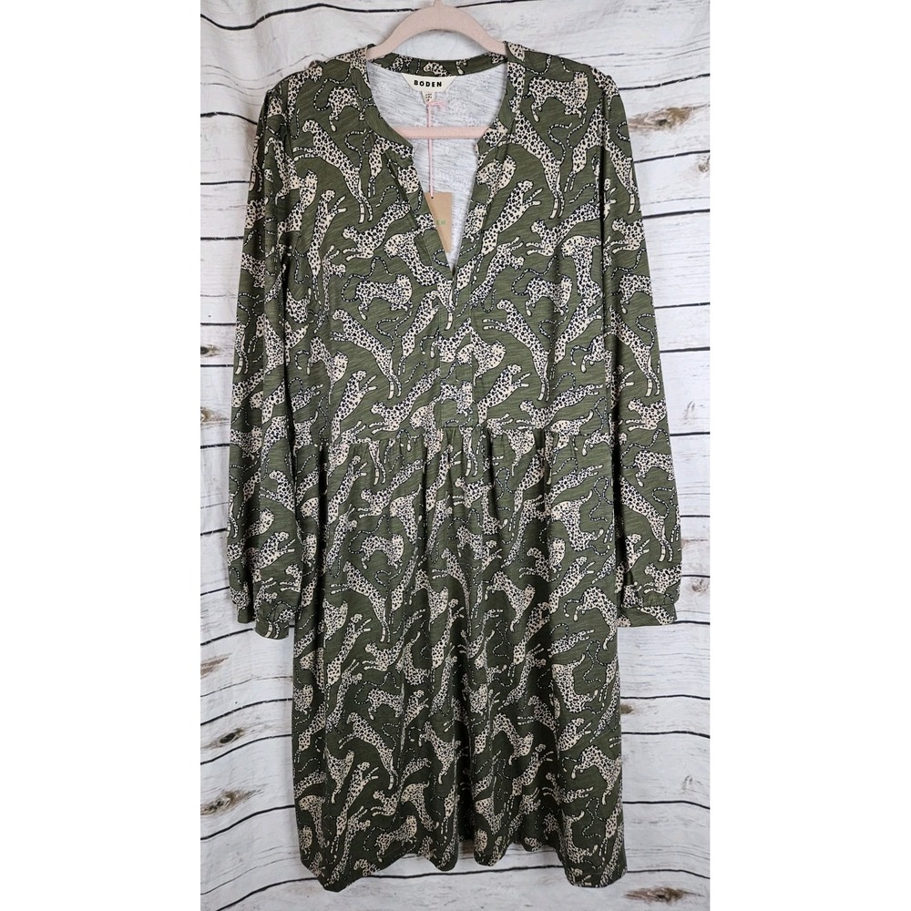 Boden Naomi Relaxed Jersey Knit Dress Leopard Olive Green 16-18 Animal Print NEW - Picture 1 of 11